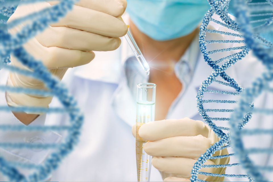 科學家進行DNA實驗，操作試管並加入液體。