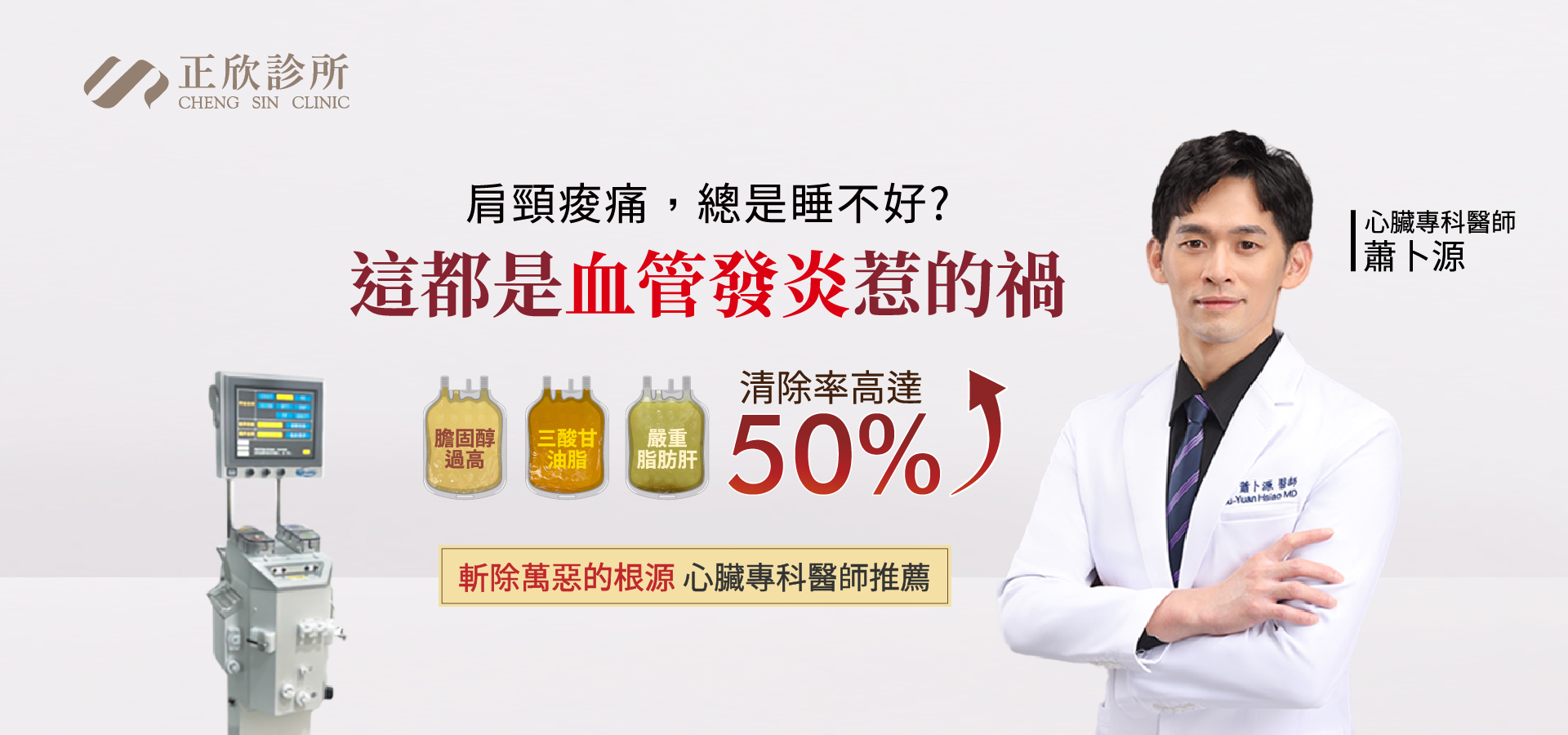 血管發炎堆積影響睡眠與肩頸痠痛，血液淨化清除膽固醇、三酸甘油脂與發炎因子，清除率高達50%。