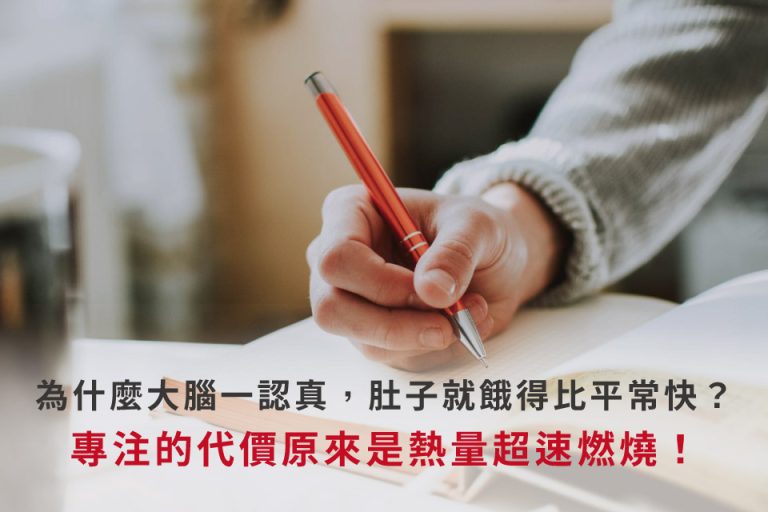 專注用腦寫筆記時，手持紅筆記錄，象徵熱量快速消耗與腦力消耗關聯。